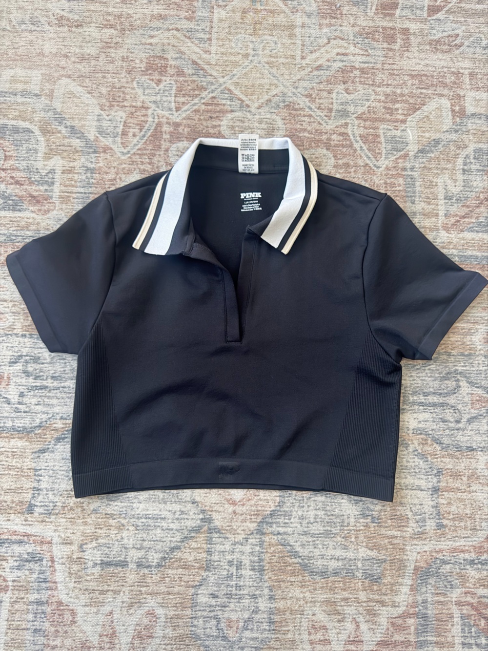 PINK Victoria's Secret Black Cropped Polo Top with White-Trim Collar